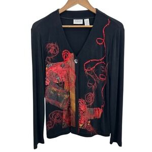 Chico's Travelers Black Cardigan Red Abstract Art to Wear Size Small Indie Artsy